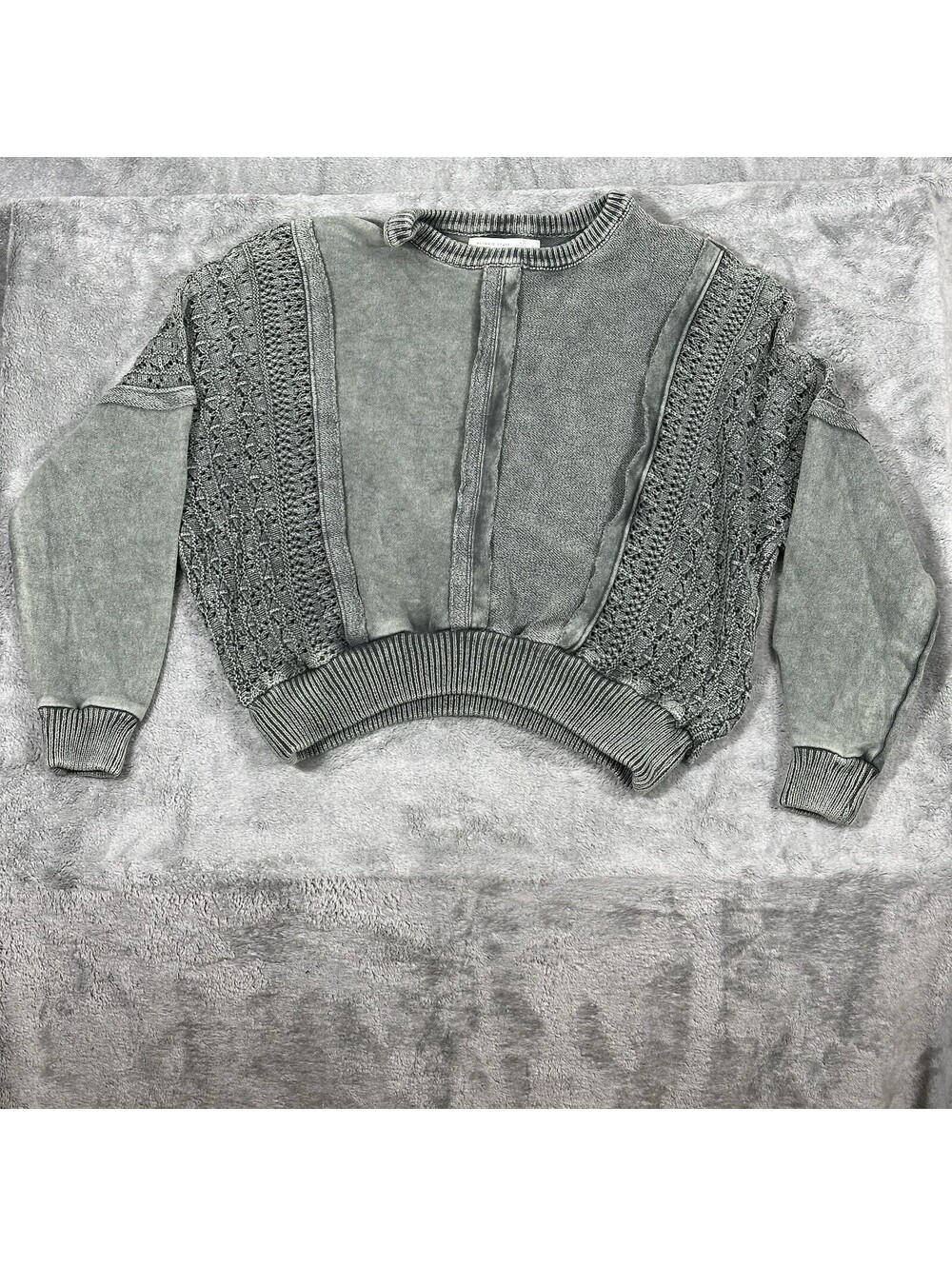 Altar'd State Sz. S Mixed Media Stone Wash Sweater Crochet Lace Panel Boho Gray